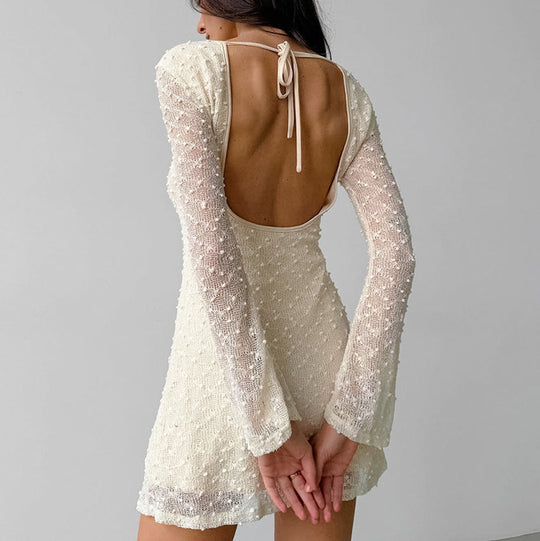 EB | Jacquard Mini Kleid Taillierte Silhouette Rundhals Langarm Rückenfrei mit Schleife