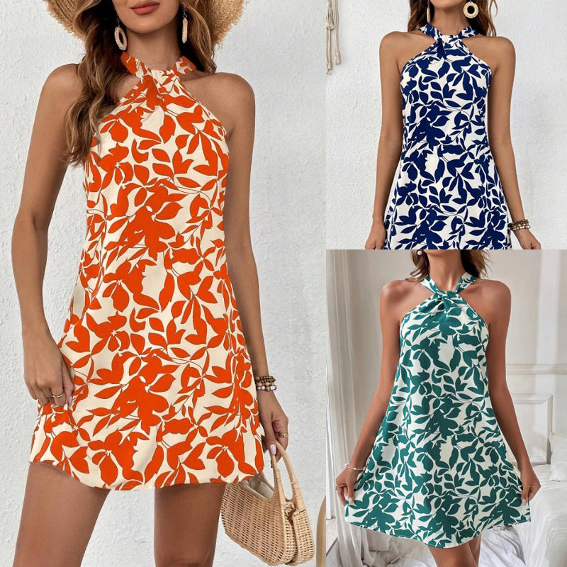 Damen Sommerliches Freizeitkleid mit dekorativem Halsband und floralem Print EB