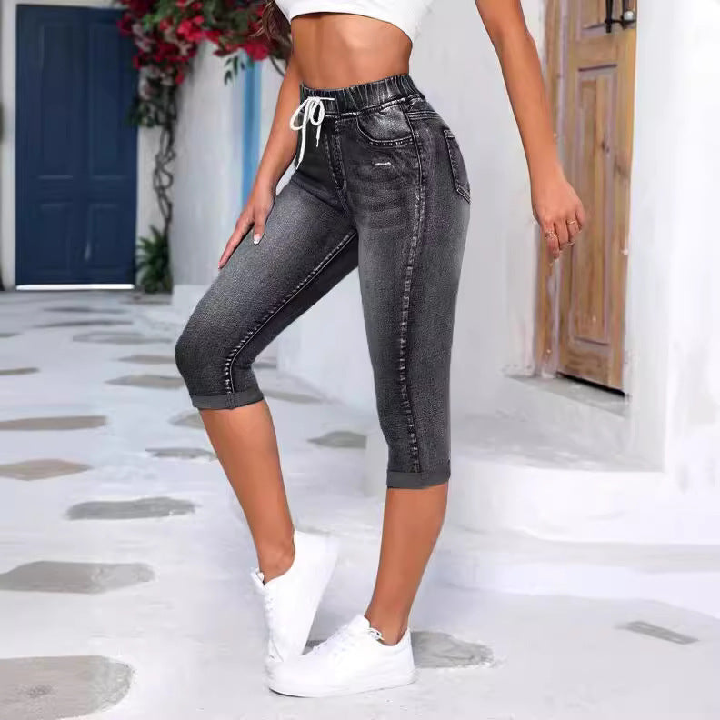 Damen lässige 3/4 Jeansleggings mit elastischem Bund und praktischen Taschen EB
