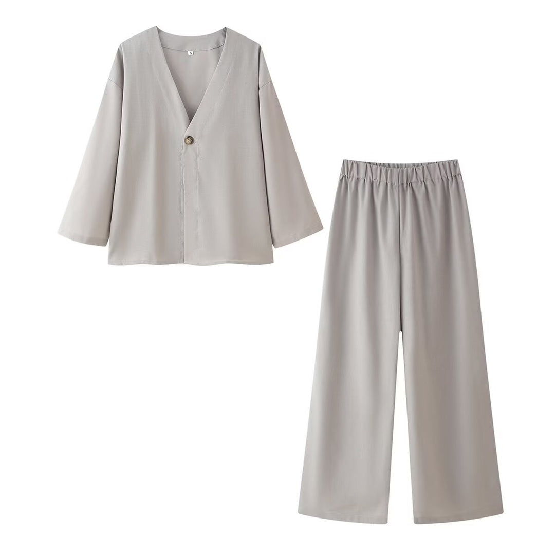 Damen Set aus eleganter Bluse mit V-Ausschnitt und weit geschnittenen Palazzo-Hosen EB