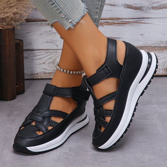 Damen Geschlossene Plateau-Sport-Sandalen mit geflochtenen Riemen und Klettverschluss EB