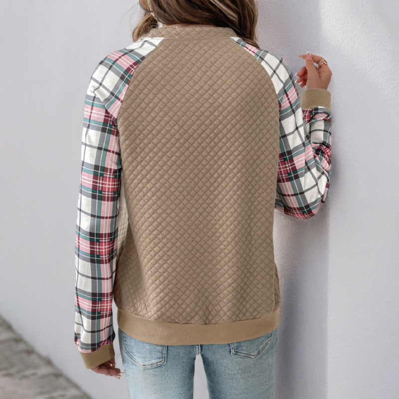 Damen Sweatshirt mit Stehkragen und karierten Ärmeln EB