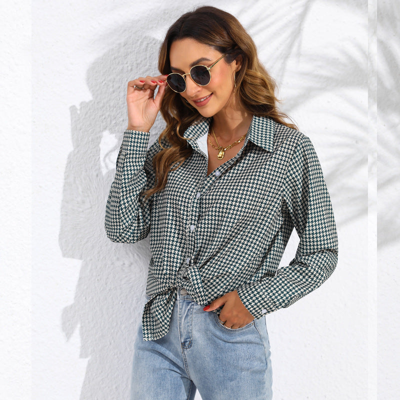 Damen nan geknotete Hahnentritt-Bluse mit Hemdkragen und durchgehender Knopfleiste EB