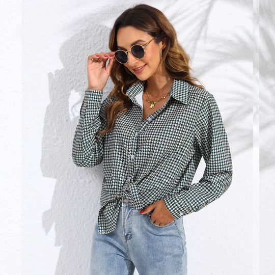 Damen nan geknotete Hahnentritt-Bluse mit Hemdkragen und durchgehender Knopfleiste EB