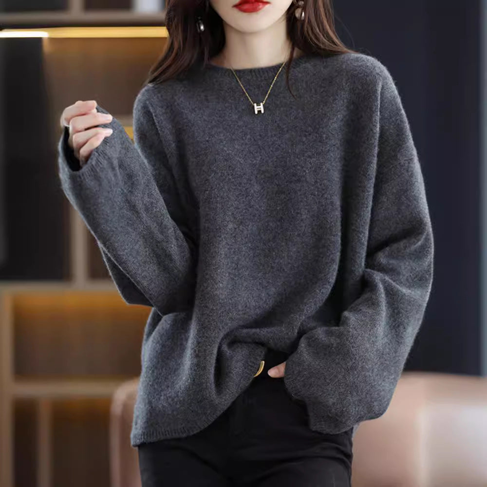 Damen weicher Strickpullover mit weitem Schnitt und legerem V-Ausschnitt EB