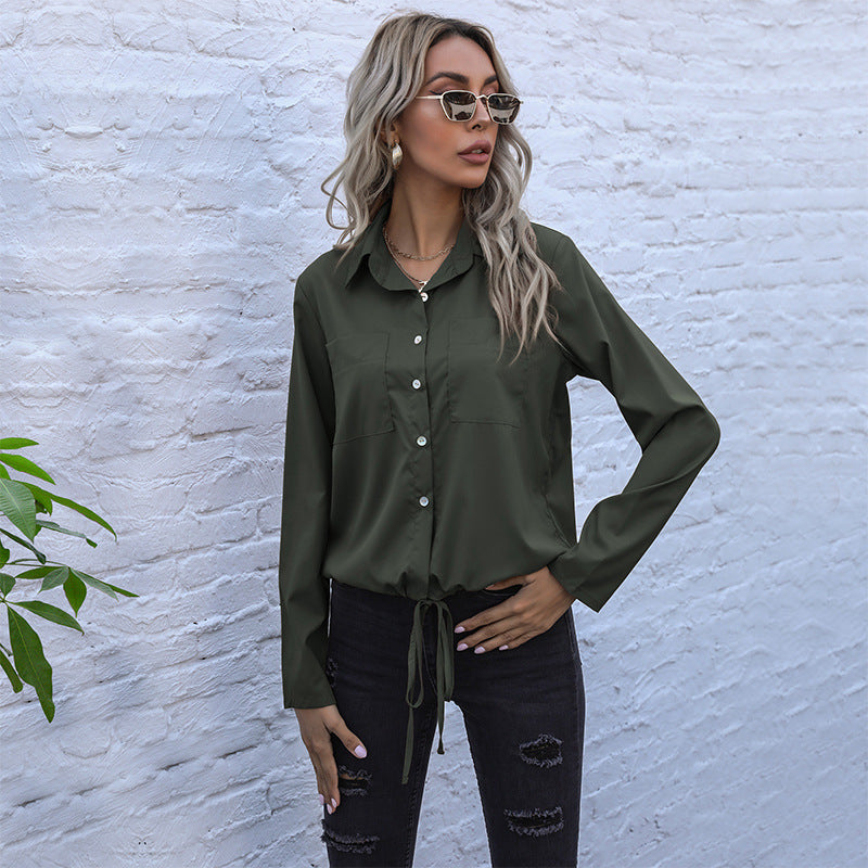 Damen Elegante Bluse mit Krawattenverschluss und Brusttaschen EB