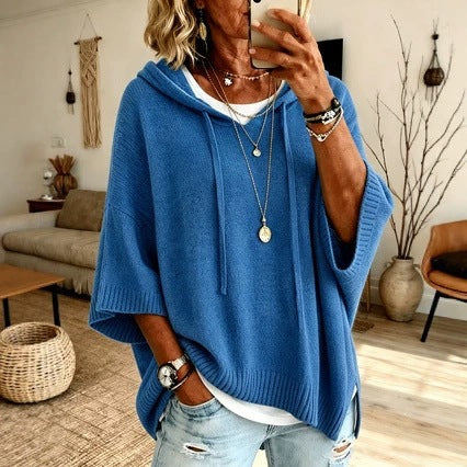 Damen nan Oversize Strickponcho mit Kapuze und kurzen Ärmeln EB
