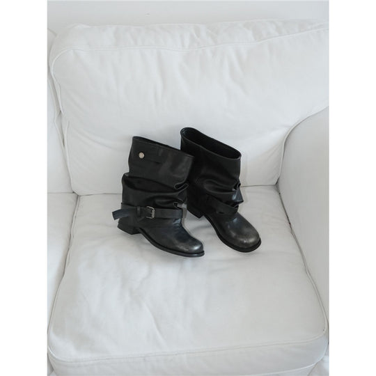 Damen Biker-Stiefel mit lässig geschlagenem Schaft, Schnallenriemen und niedrigem Blockabsatz EB