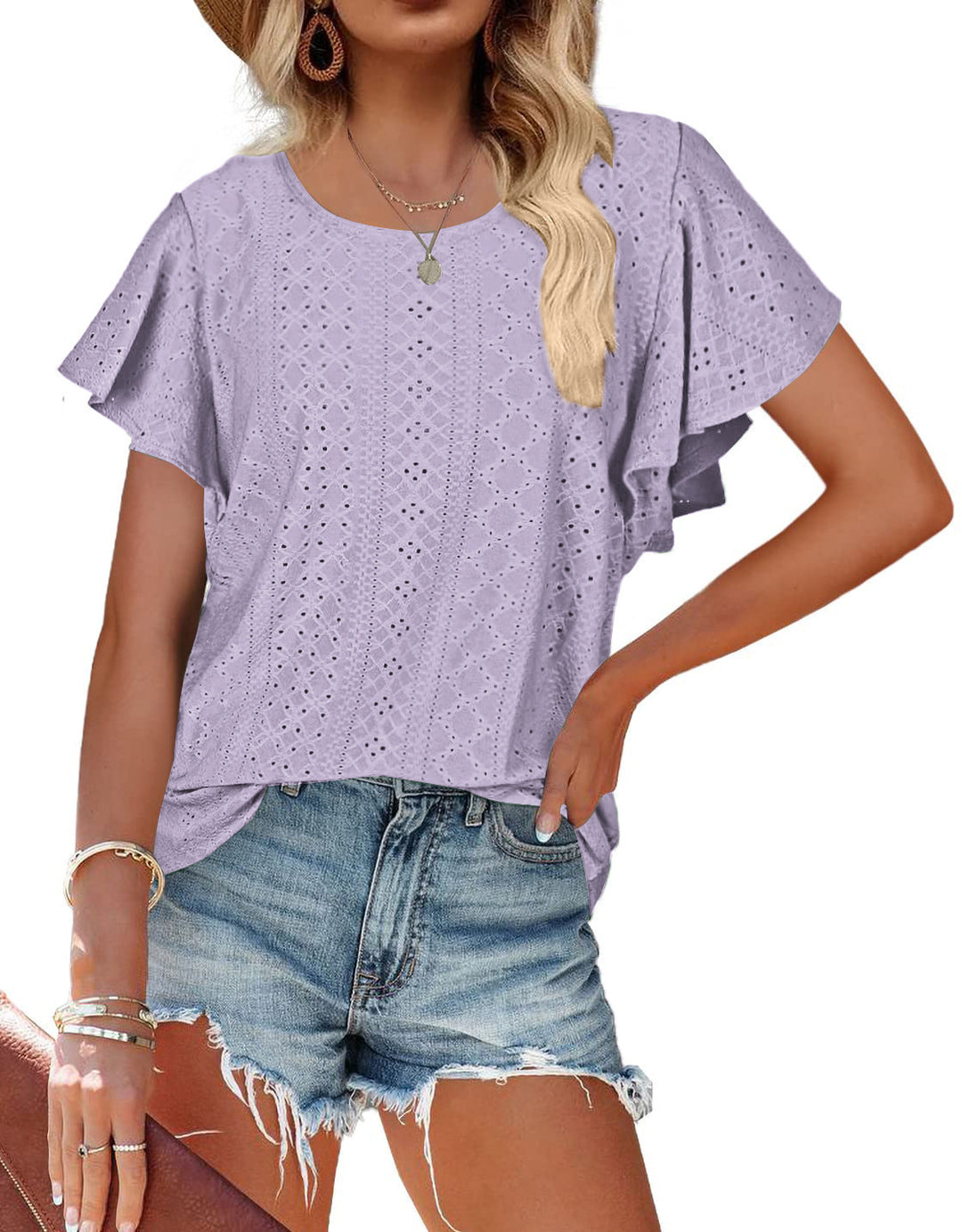 Damen Kurzärmlige Bluse mit Rüschendetails und Lochmuster EB