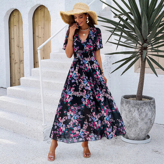 Damen Maxikleid mit floralen Details und elastischem Taillenbund EB
