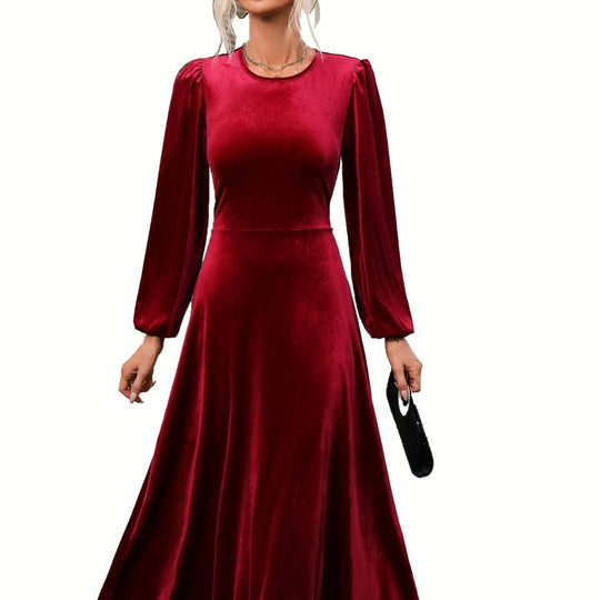 Damen elegantes Samt-Maxikleid mit taillierter Corsage, langen Ballonärmeln und fließender A-Linien-Rock Eichborn Berlin
