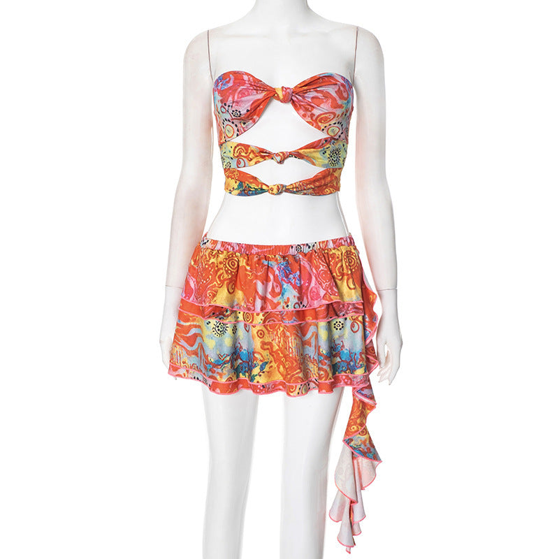 Damen Bandeau-Wickeloberteil mit verspieltem Rock und floralen Prints EB