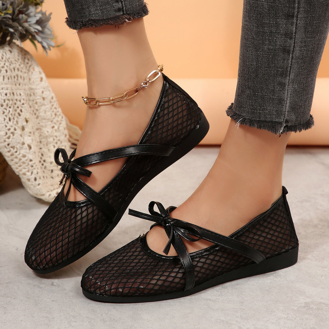Damen Netz-Ballerinas mit elastischem Riemen und dekorativem Schleifendetail EB