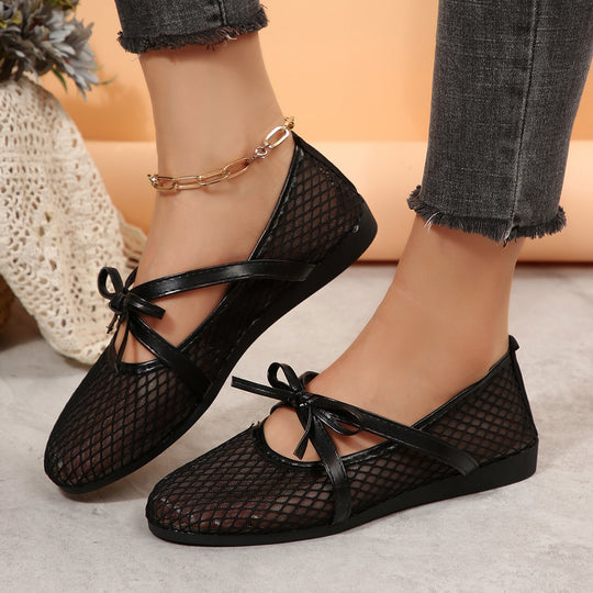 Damen Netz-Ballerinas mit elastischem Riemen und dekorativem Schleifendetail EB