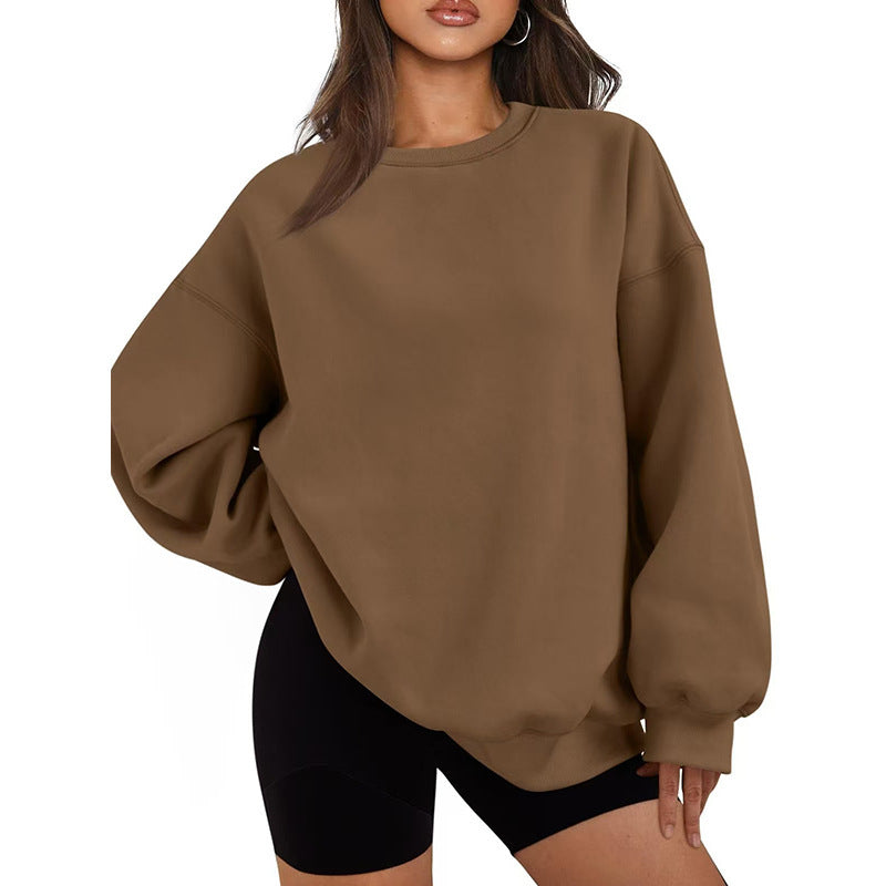 Damen nan Oversized Rundhals-Sweatshirt mit überschnittener Schulter, weichem Fleece-Innenfutter und gerippten Bündchen EB