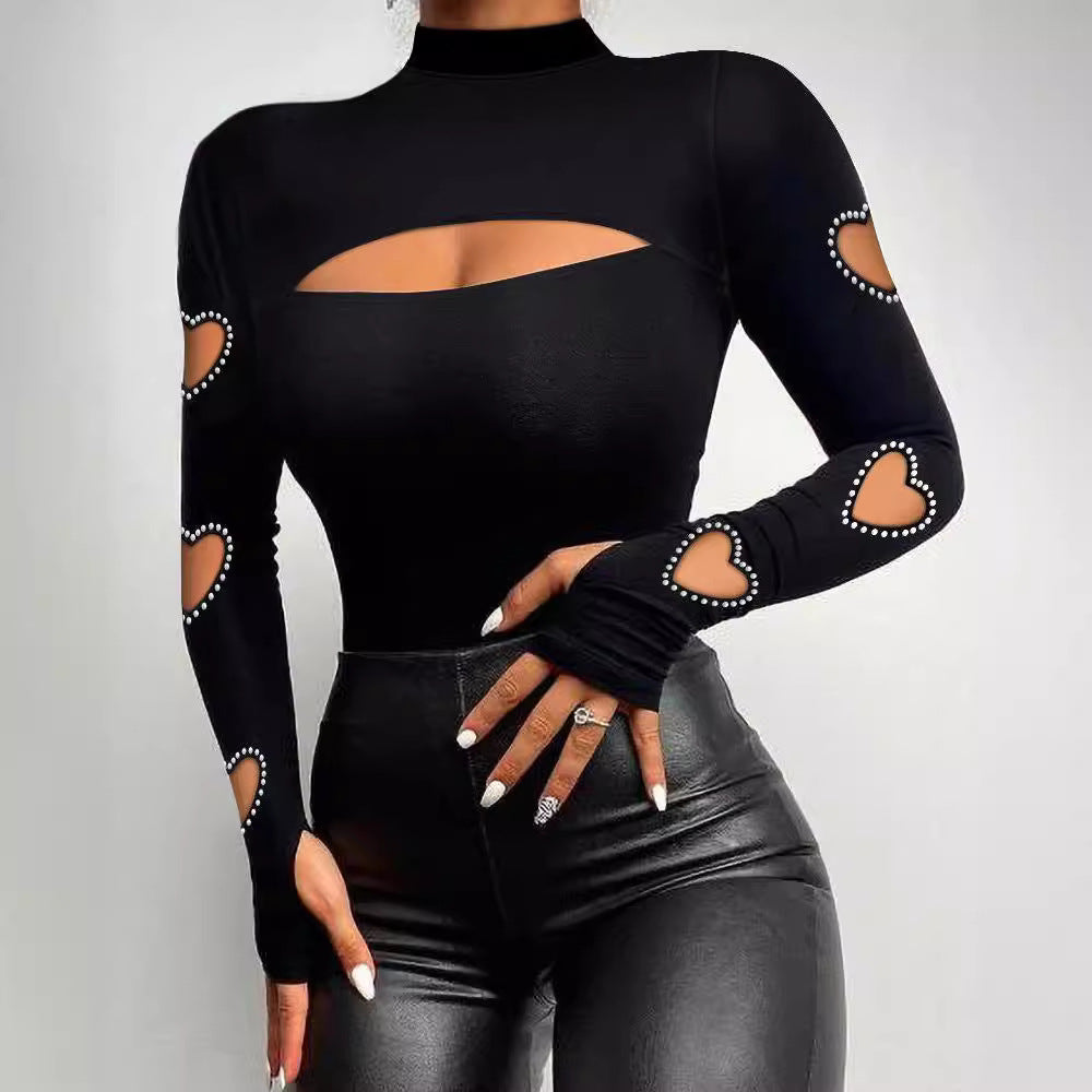 Damen Langarm Body mit Herz-Cut-Outs und Strassdetails EB