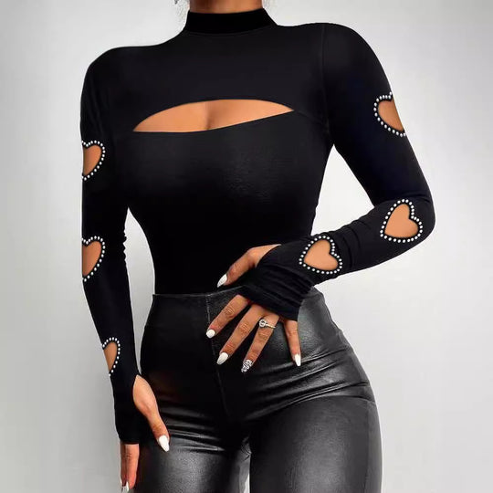 Damen Langarm Body mit Herz-Cut-Outs und Strassdetails EB