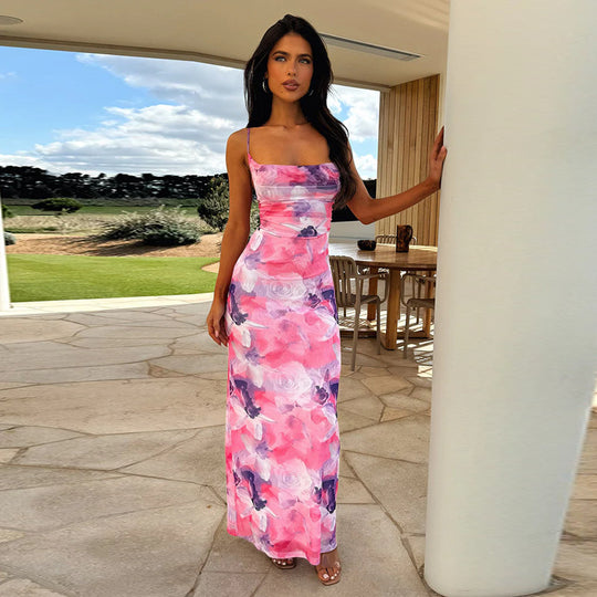 Damen elegantes Langarm-Maxikleid mit floralem Design und schmaler Silhouette EB
