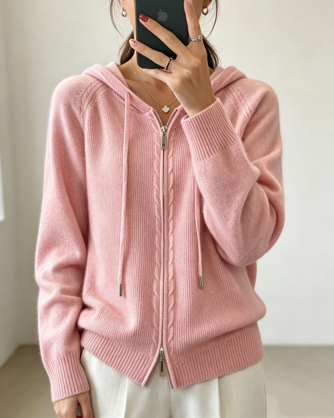 Damen Kapuzen-Cardigan mit Reißverschluss, feinem Feinstrick und gerippten Bündchen EB