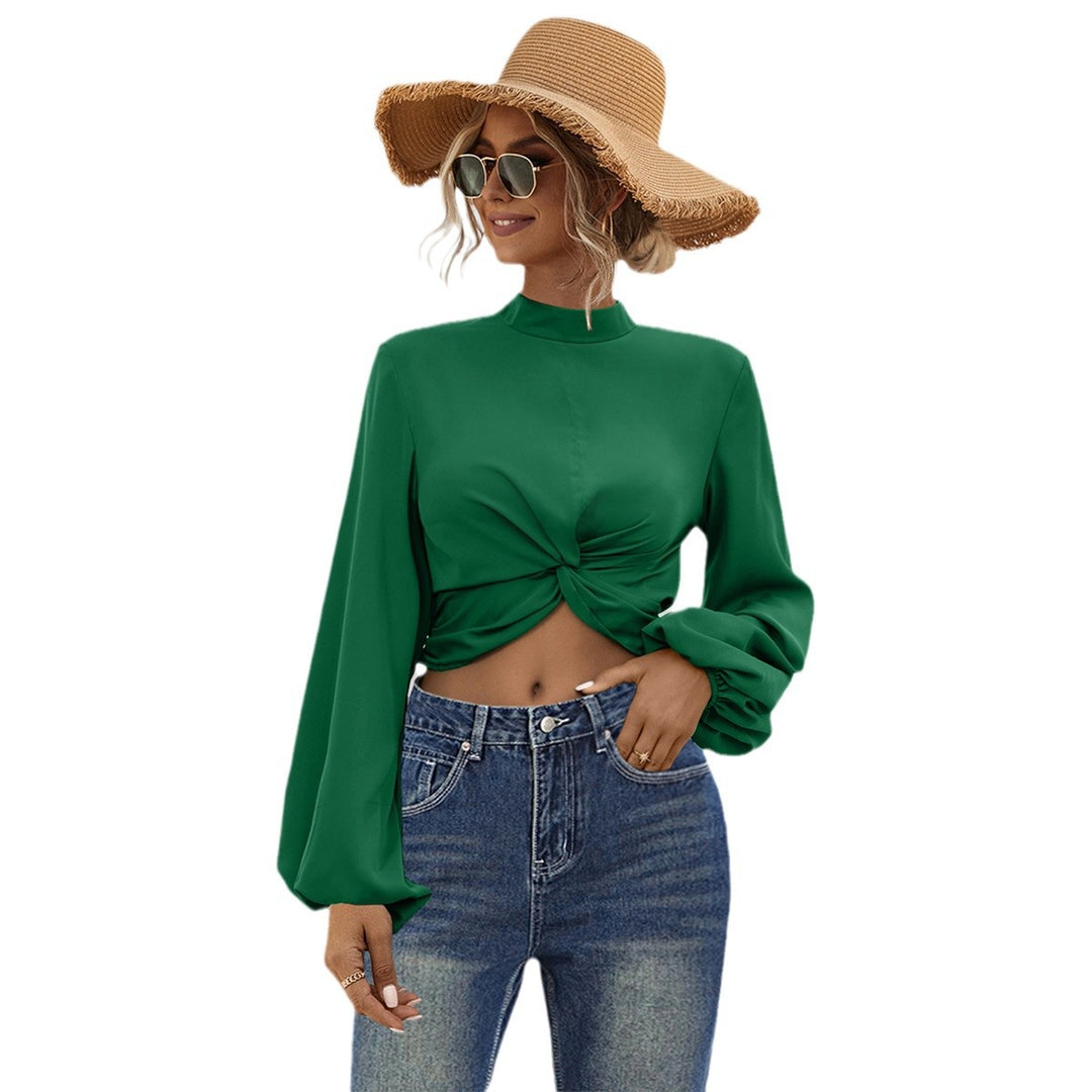 Damen modisches Cropped Blusenoberteil mit voluminösen Ärmeln und eleganter Knopfleiste EB