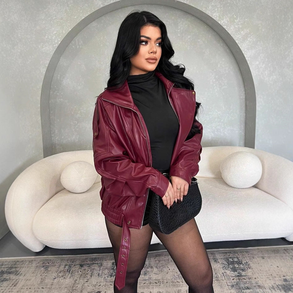 Damen Kunstlederjacke mit figurbetontem Schnitt und dekorativem Gürtel EB