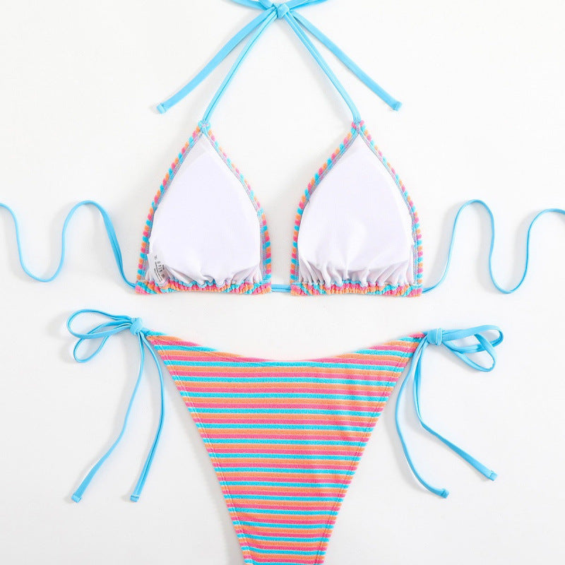 Damen Triangel-Bikini mit verstellbaren Bindebändern und verspieltem Streifenmuster EB
