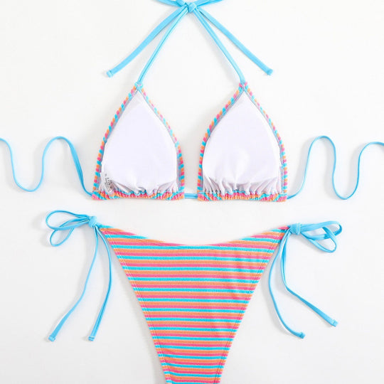 Damen Triangel-Bikini mit verstellbaren Bindebändern und verspieltem Streifenmuster EB