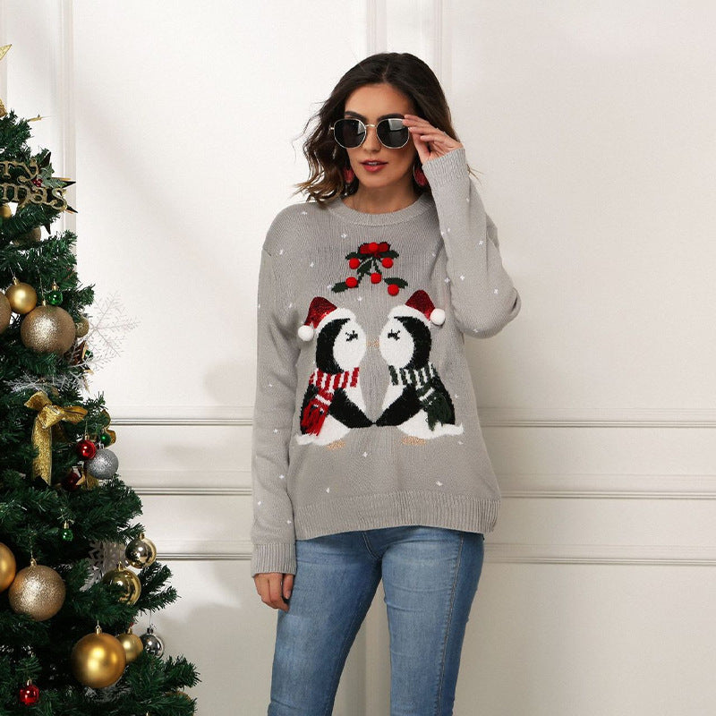 Damen Weihnachtspullover mit süßem Pinguin-Motiv und festlichem Design EB
