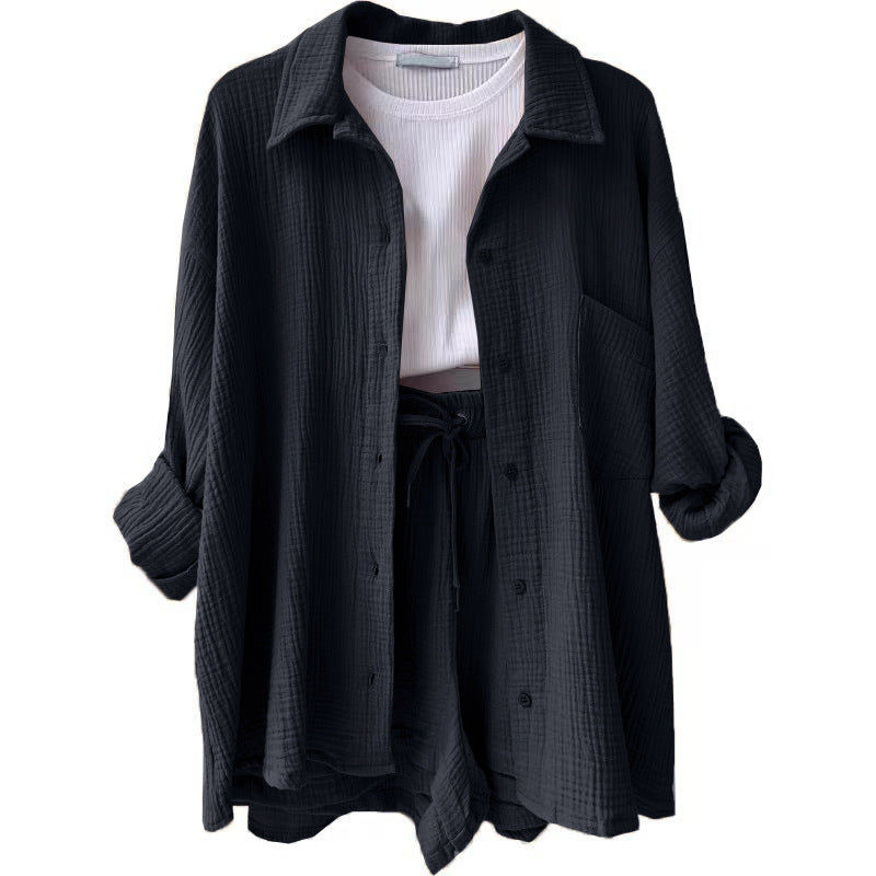 Damen nan lässiges oversized Hemd und Shorts Set mit Brusttasche Kordelbund und gerauter Baumwollstruktur EB