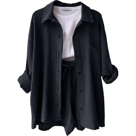 Damen nan lässiges oversized Hemd und Shorts Set mit Brusttasche Kordelbund und gerauter Baumwollstruktur EB