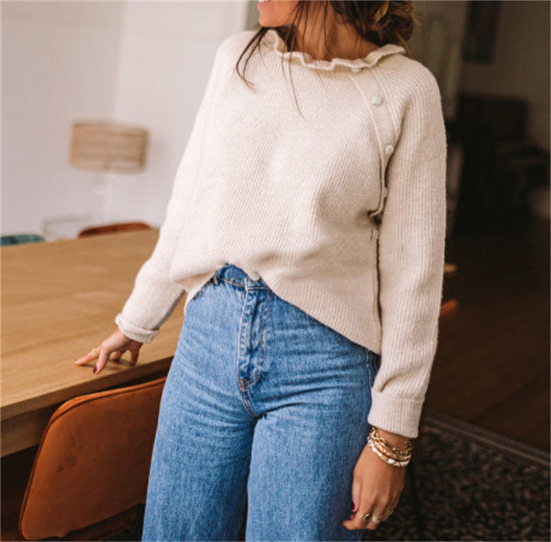 Damen Rippstrickpullover mit Rüschenkragen und seitlicher Knopfleiste EB