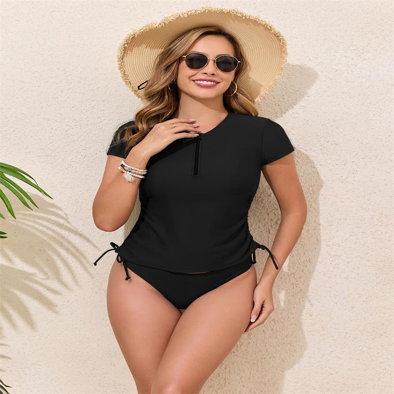 Damen Rashguard-Bikini-Set mit kurzem Arm und verstellbarem Kordelzug EB