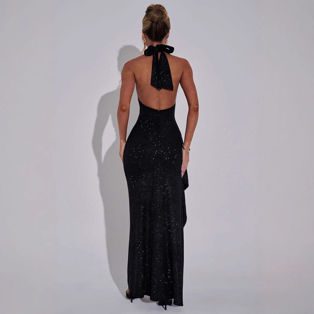 Damen Glamouröses Abendkleid mit Schlitz und Hochkragen EB