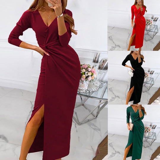 Damen elegantes Wickelkleid mit tiefem V-Ausschnitt und hohem Schlitz EB