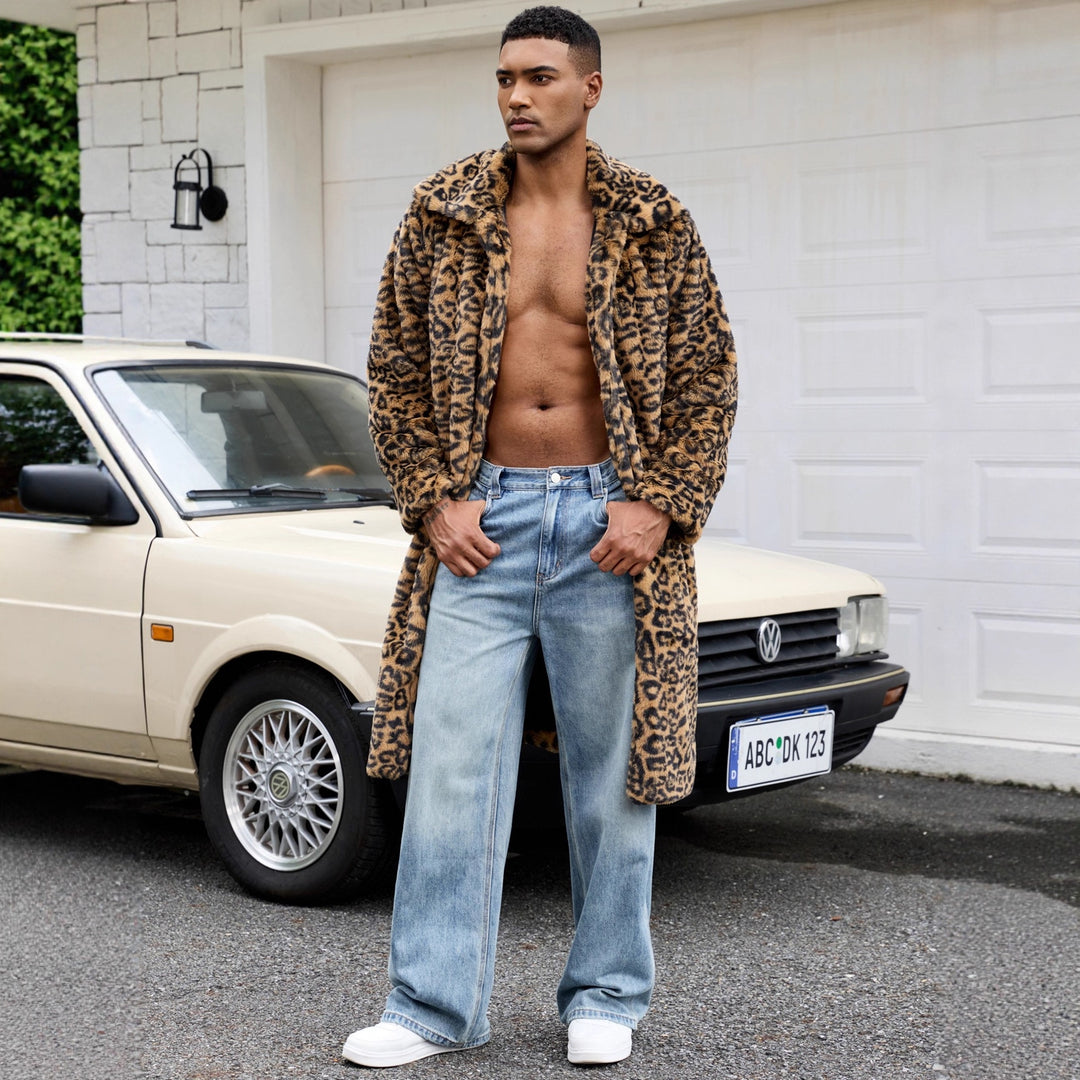 Herren Luxus Kunstpelzmantel mit Leopardenmuster EB