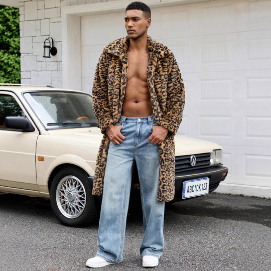 Herren Luxus Kunstpelzmantel mit Leopardenmuster EB