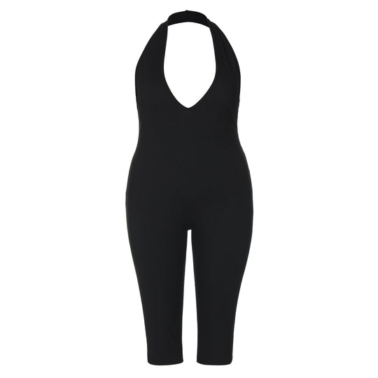 Damen Eleganter bodenlanger Jumpsuit mit tiefem V-Ausschnitt EB