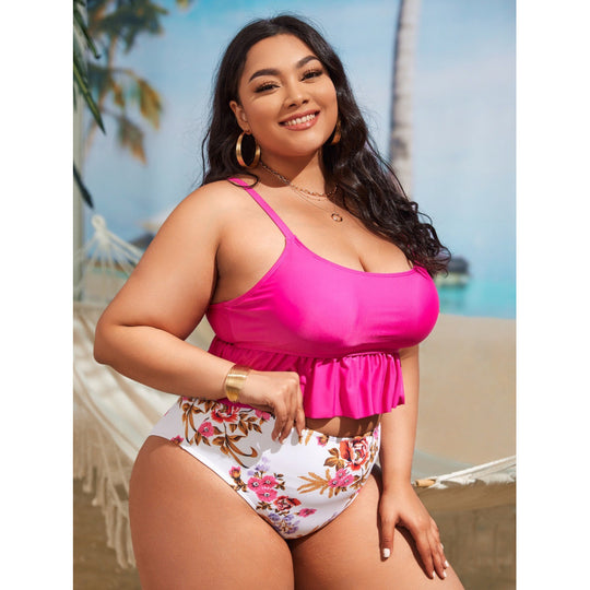Damen Bikini-Set mit voluminösem Rüschendesign und floralem High-Waist-Slip EB