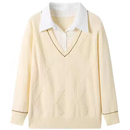 Damen gestrickter Pullover mit v-ausschnitt und strukturiertem Diamantmuster EB