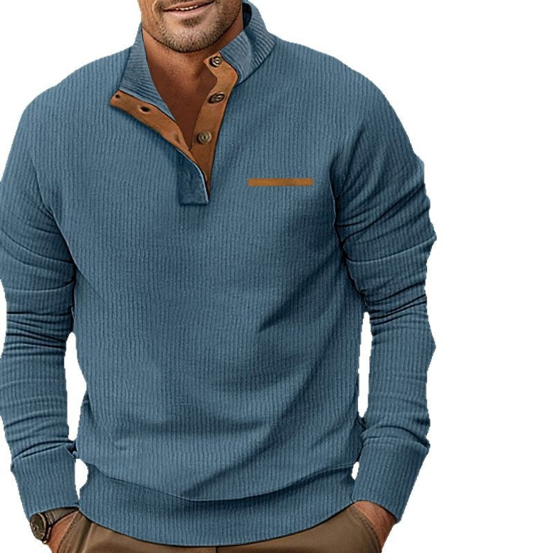 Herren nan strukturiertes Halbknopf-Stehkragen-Pullover mit Wildleder-Ellbogenpatches EB