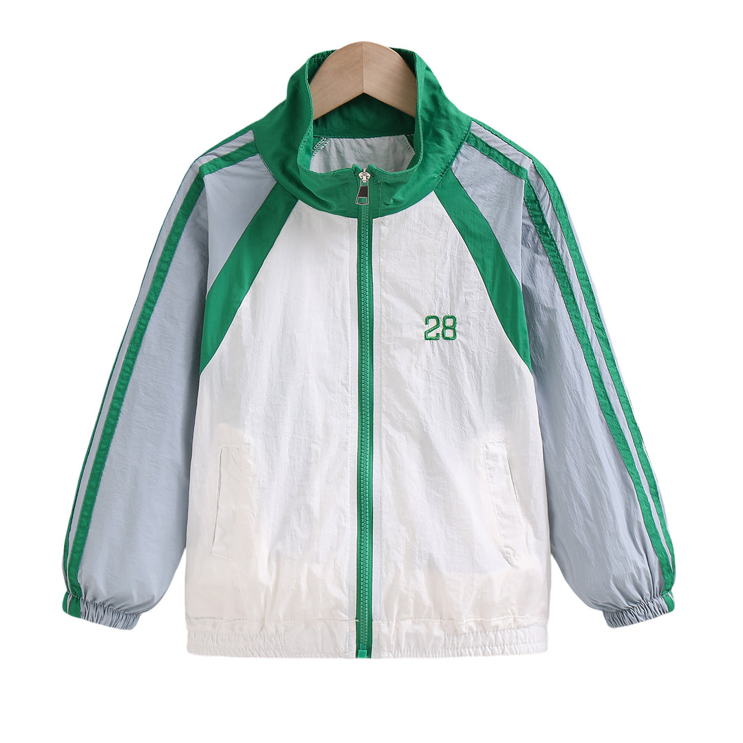 Unisex nan leichte Retro Windjacke mit Stehkragen, durchgehendem Reißverschluss und markanten Kontraststreifen R&B