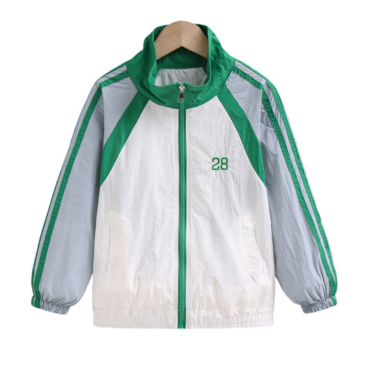 Unisex nan leichte Retro Windjacke mit Stehkragen, durchgehendem Reißverschluss und markanten Kontraststreifen R&B