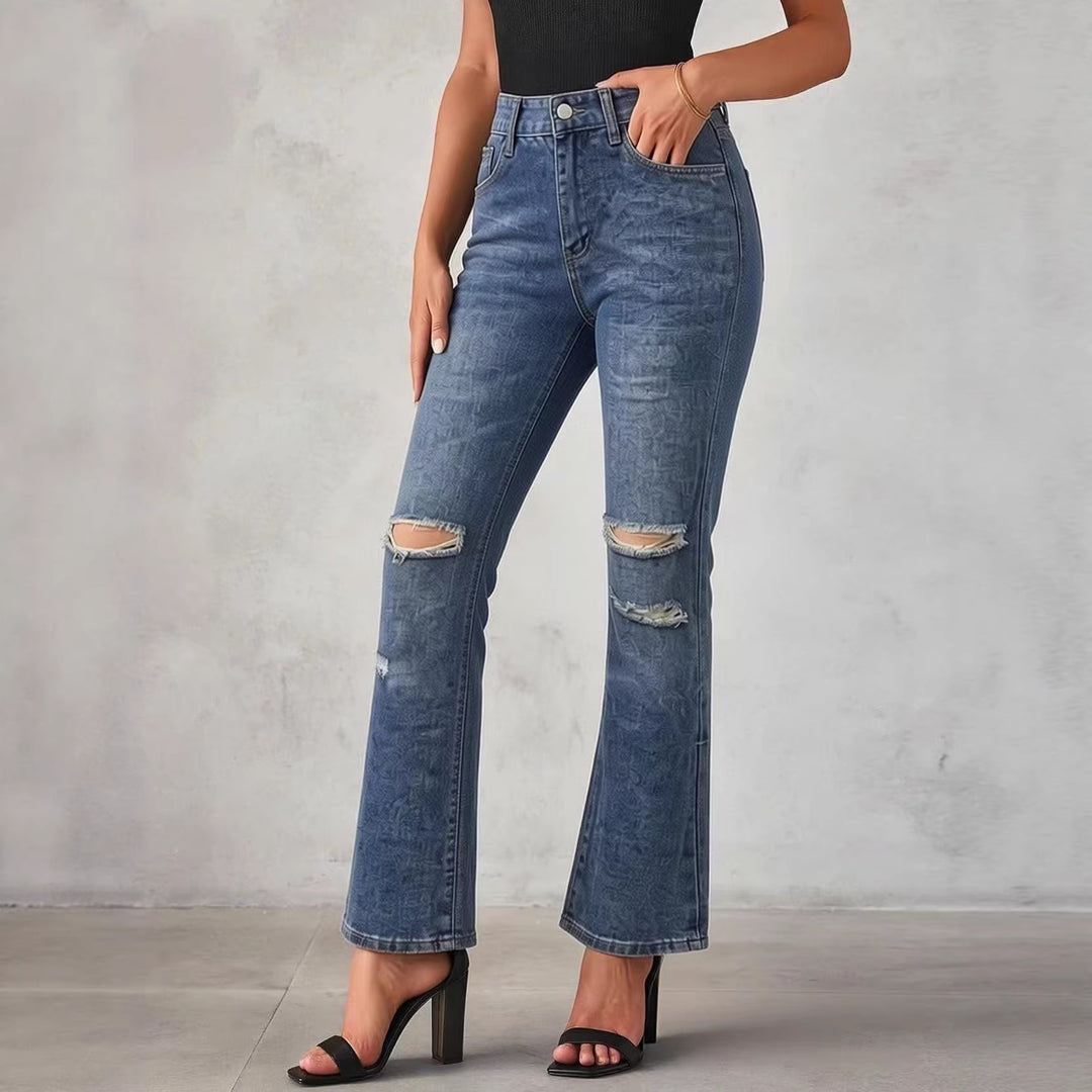 Damen nan High‑Waist Schlagjeans mit Distressed-Kniepartie und strukturierter Denim-Optik EB