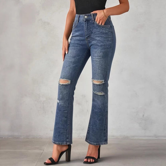 Damen nan High‑Waist Schlagjeans mit Distressed-Kniepartie und strukturierter Denim-Optik EB
