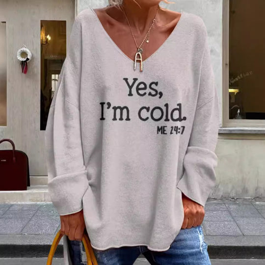 Damen Oversized Pullover mit modernem V-Ausschnitt und aufgedrucktem Statement EB
