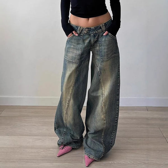 Damen nan weite Low-Rise Baggy-Jeans mit markanten V‑Nahtpaneelen und aufgesetzten Fronttaschen EB