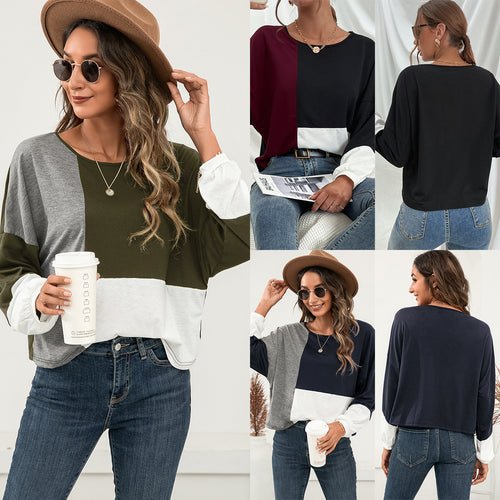 Damen lässiges Oversized T-Shirt mit Farbblockdesign und Rundhalsausschnitt EB