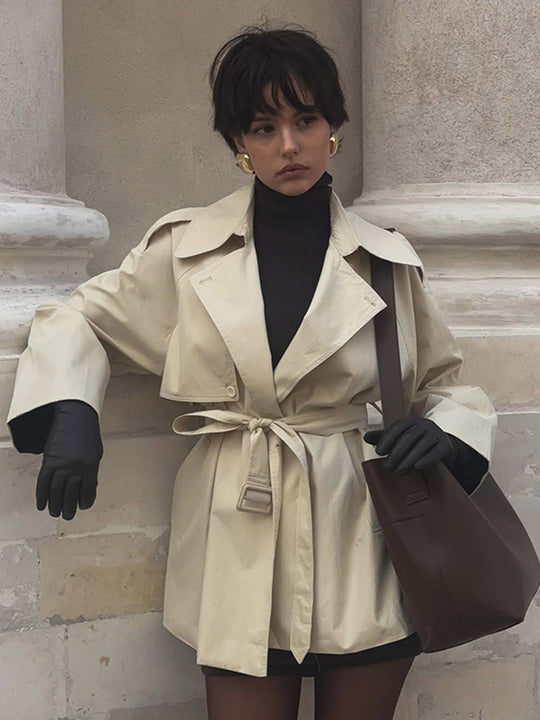 Damen Modische Kurztrenchjacke mit Taillenknoten und großzügigen Taschen EB