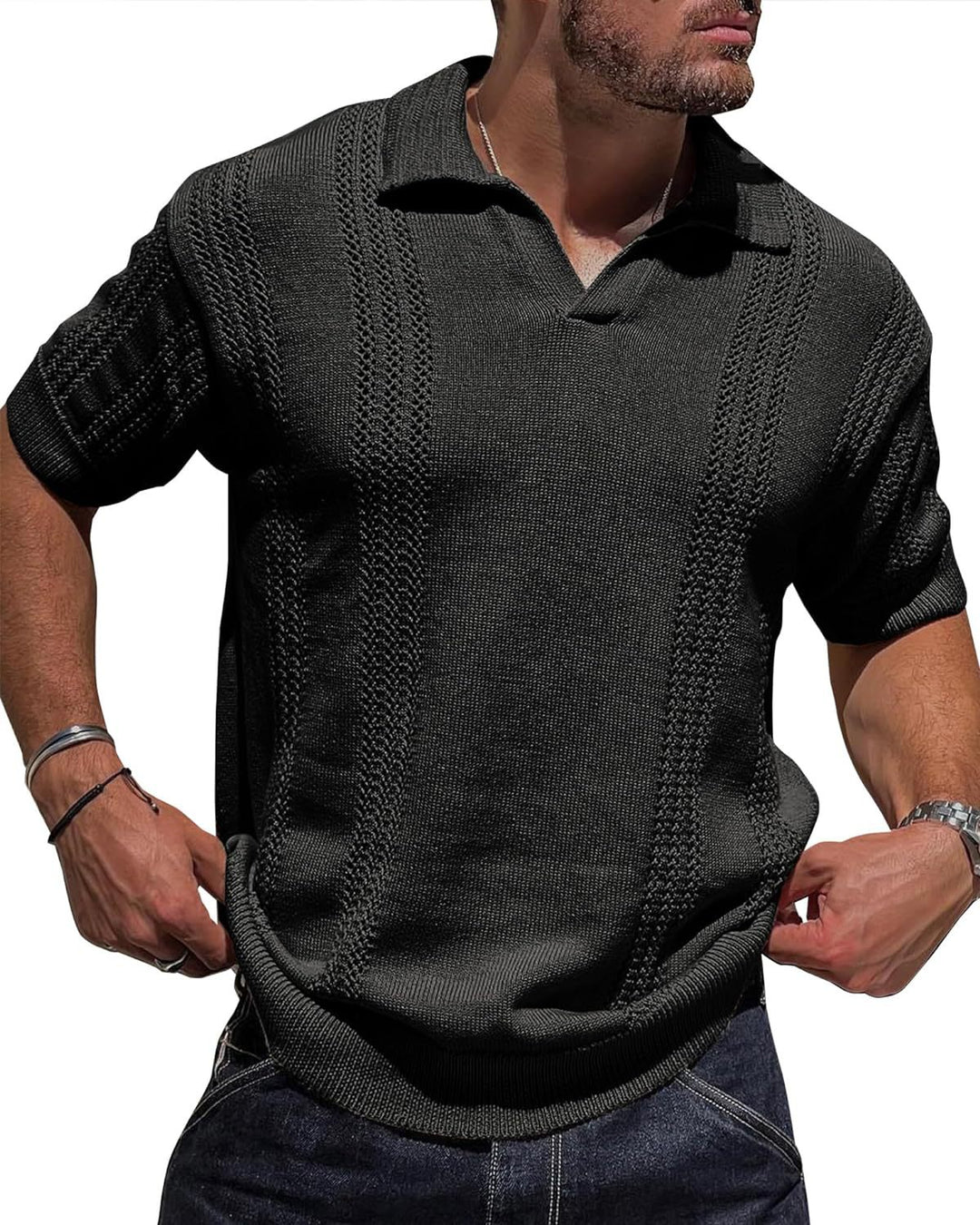 Herren Kurzarm Strickpullover mit strukturierter Oberfläche und Polokragen EB