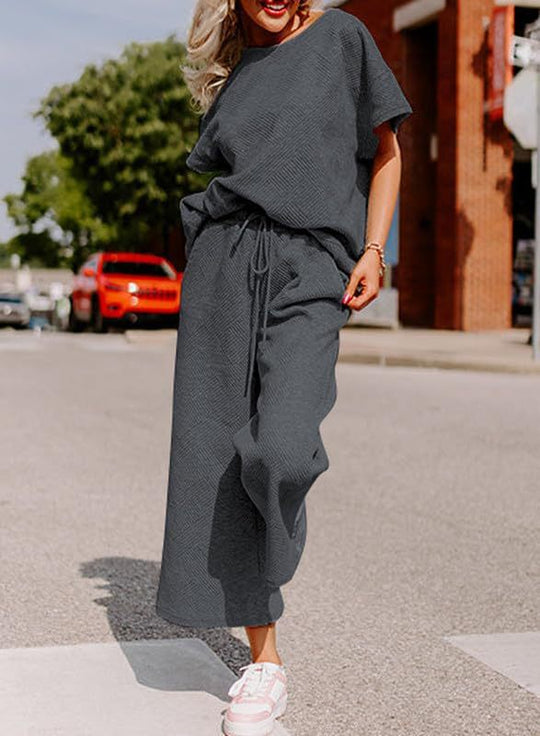 Damen lässiges Jumpsuit-Set aus weichem Material mit elastischem Bund und weit geschnittenen Beinen EB